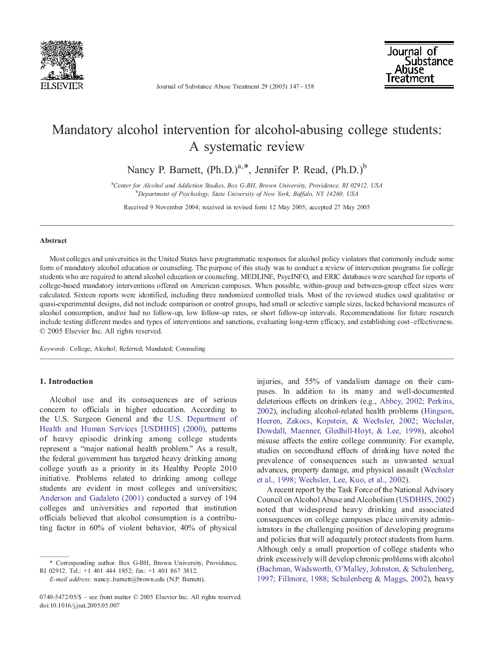 Mandatory alcohol intervention for alcohol-abusing college students: A systematic review