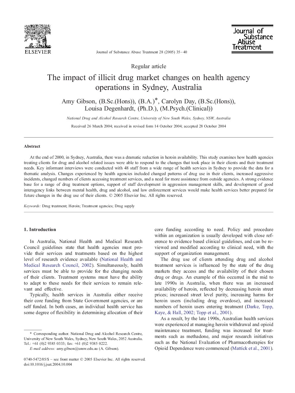 The impact of illicit drug market changes on health agency operations in Sydney, Australia