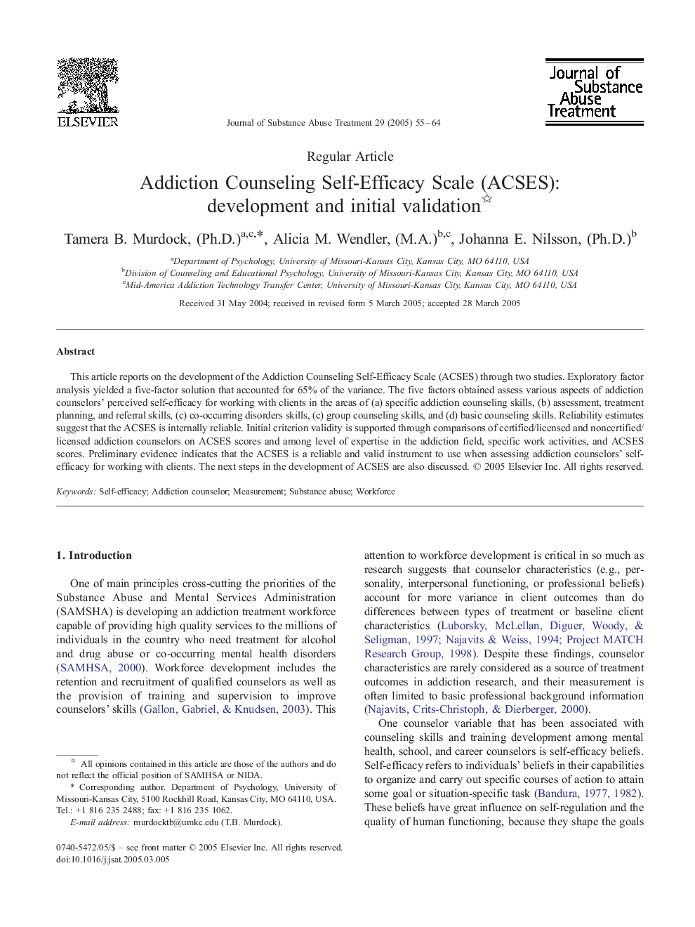 Addiction Counseling Self-Efficacy Scale (ACSES): development and initial validation