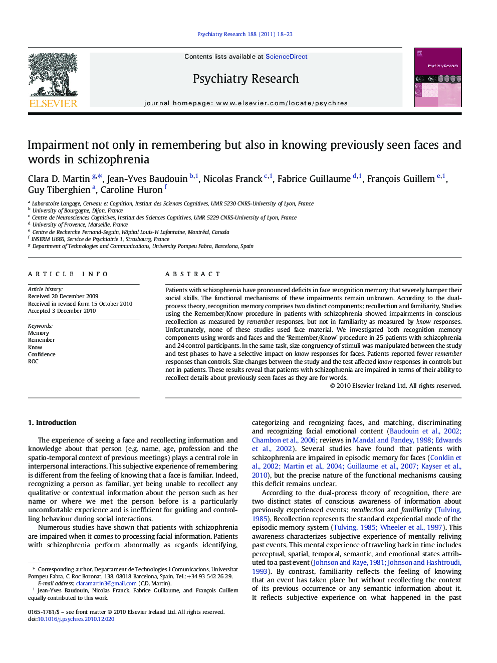 Impairment not only in remembering but also in knowing previously seen faces and words in schizophrenia