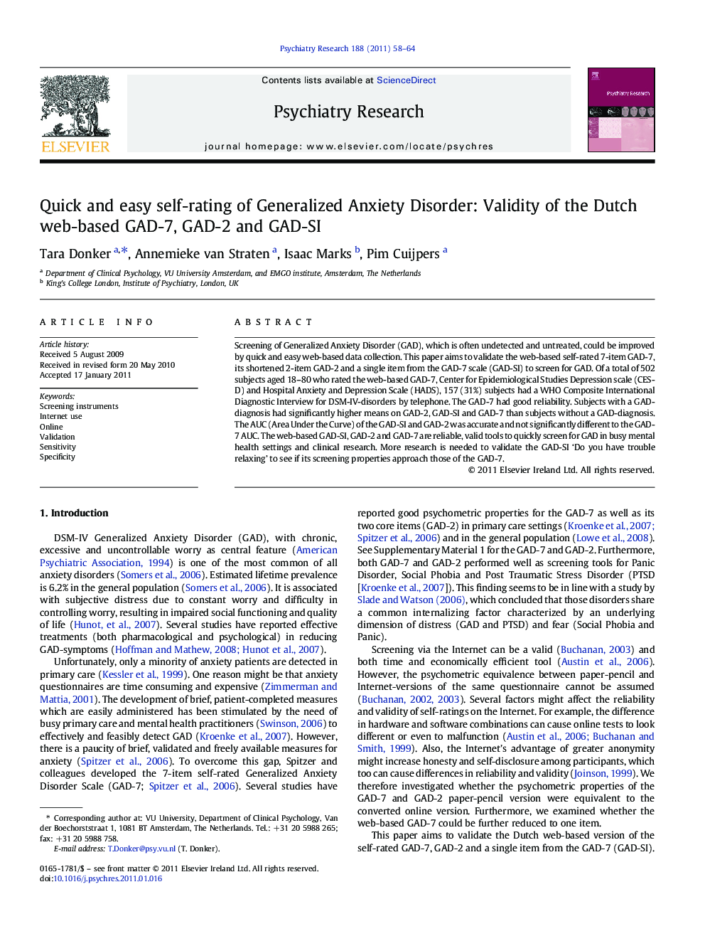 Quick and easy self-rating of Generalized Anxiety Disorder: Validity of the Dutch web-based GAD-7, GAD-2 and GAD-SI