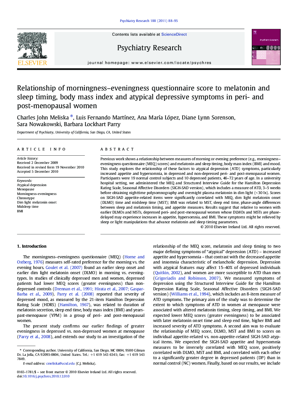 Relationship of morningness-eveningness questionnaire score to melatonin and sleep timing, body mass index and atypical depressive symptoms in peri- and post-menopausal women