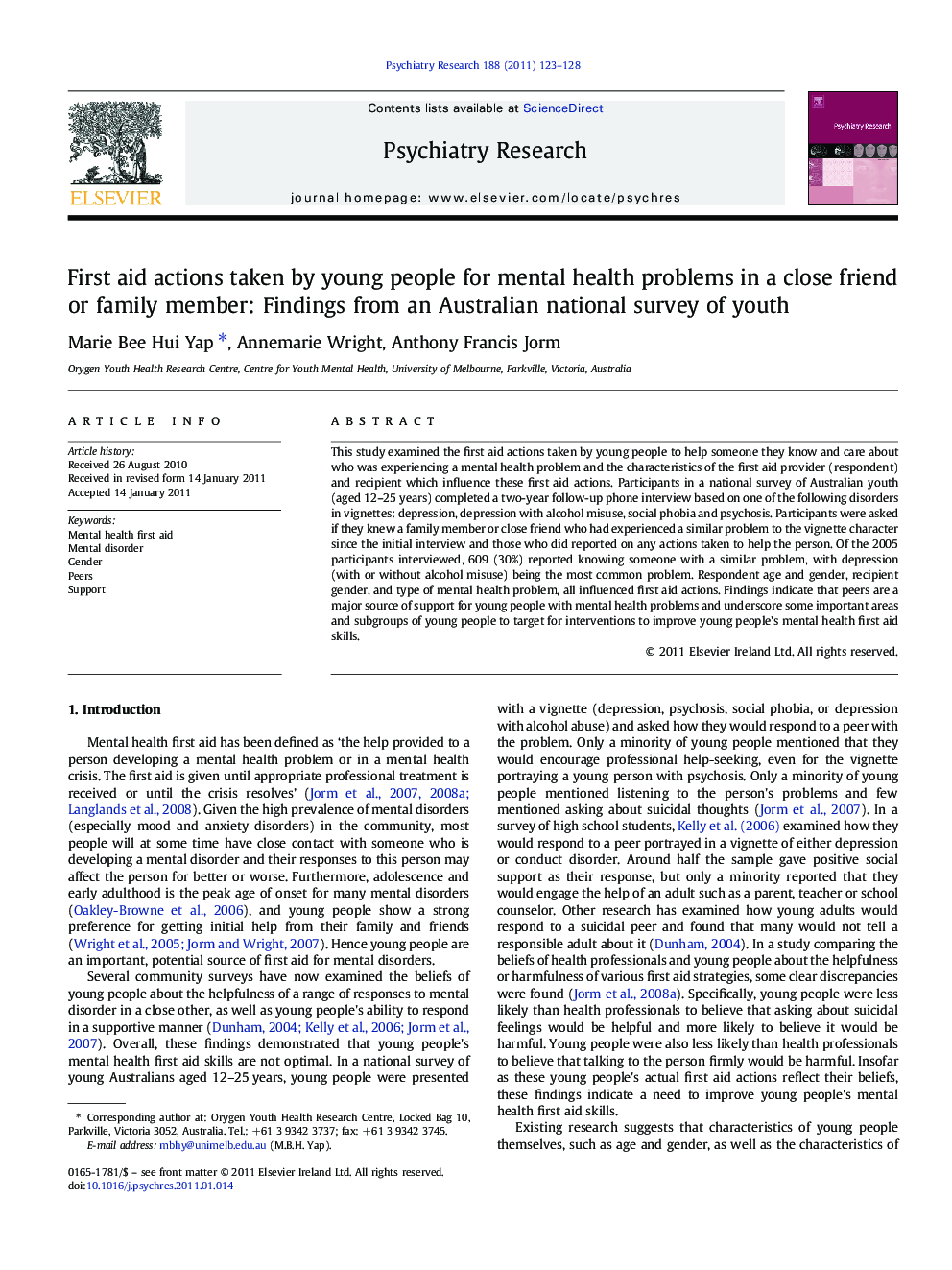 First aid actions taken by young people for mental health problems in a close friend or family member: Findings from an Australian national survey of youth