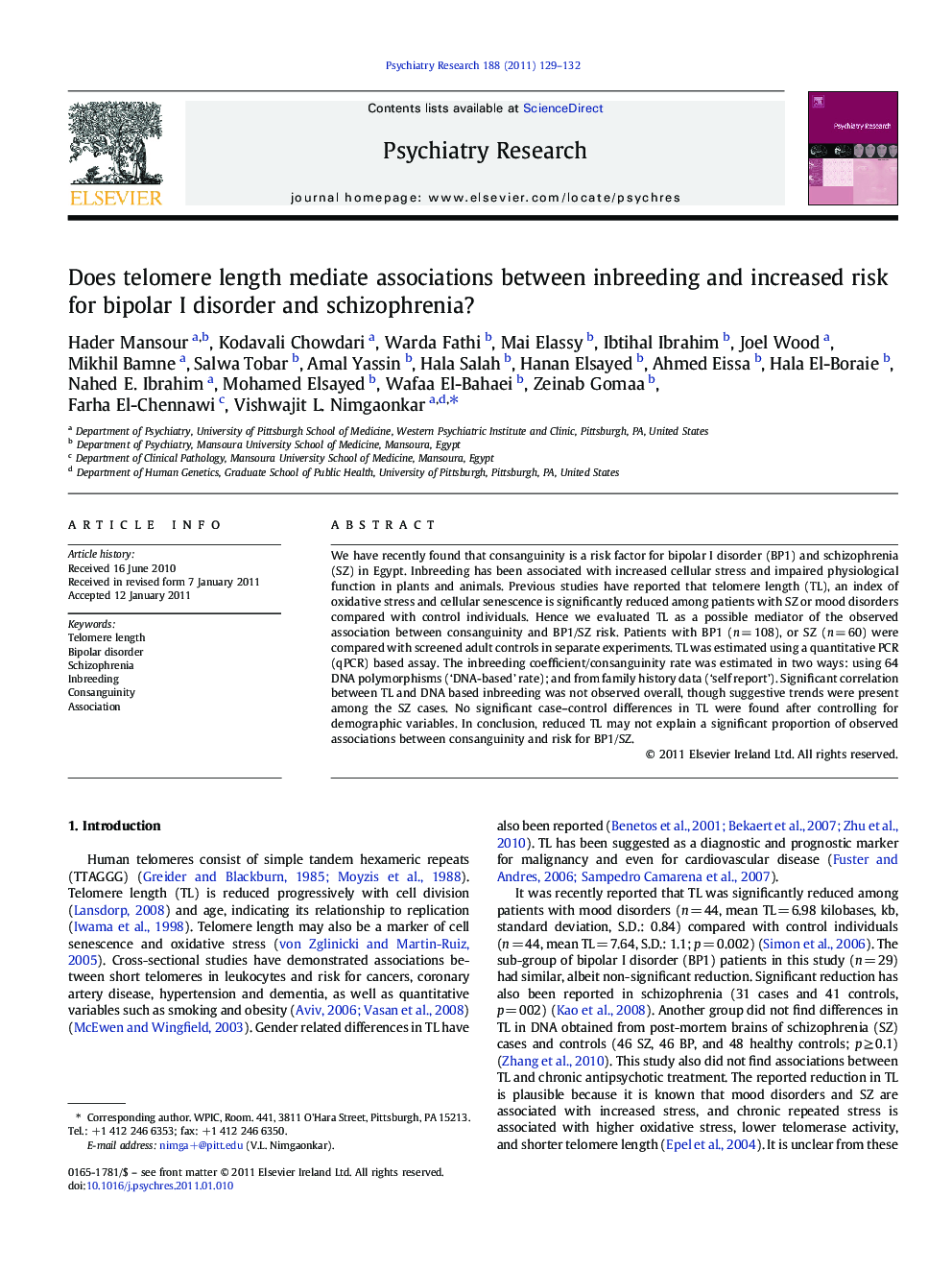 Does telomere length mediate associations between inbreeding and increased risk for bipolar I disorder and schizophrenia?