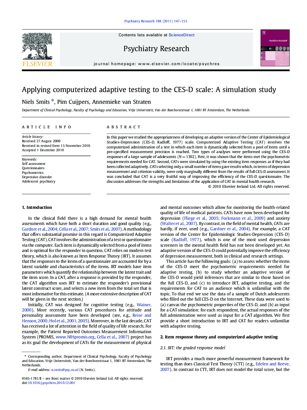 Applying computerized adaptive testing to the CES-D scale: A simulation study