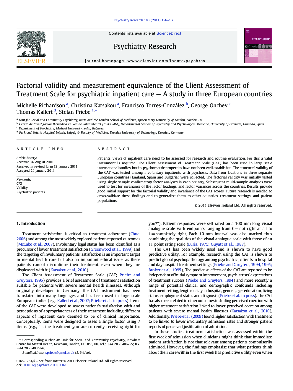 Factorial validity and measurement equivalence of the Client Assessment of Treatment Scale for psychiatric inpatient care - A study in three European countries