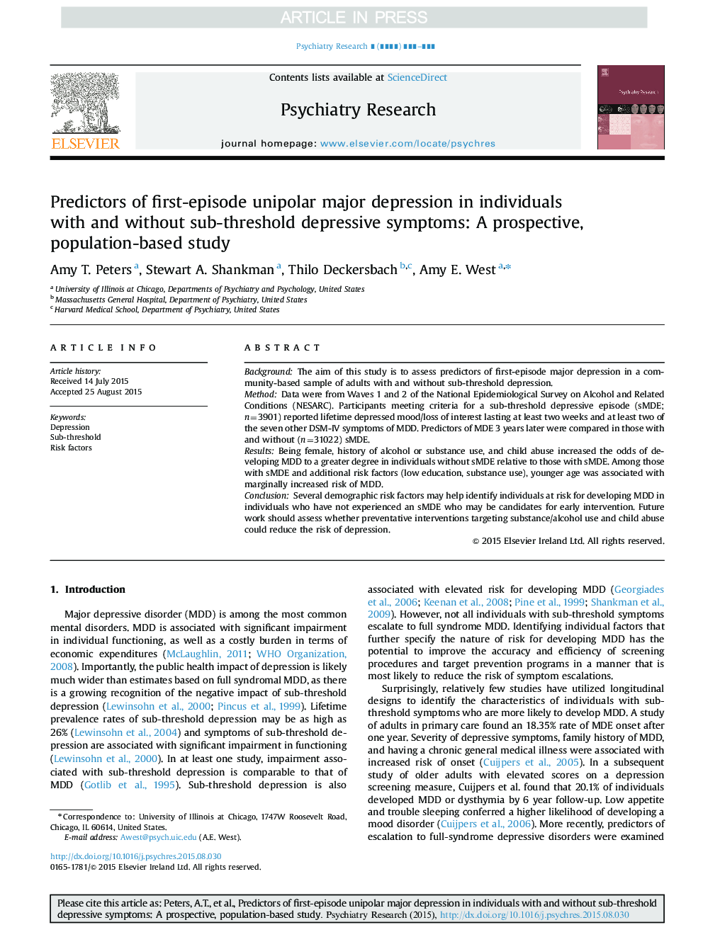 Predictors of first-episode unipolar major depression in individuals with and without sub-threshold depressive symptoms: A prospective, population-based study