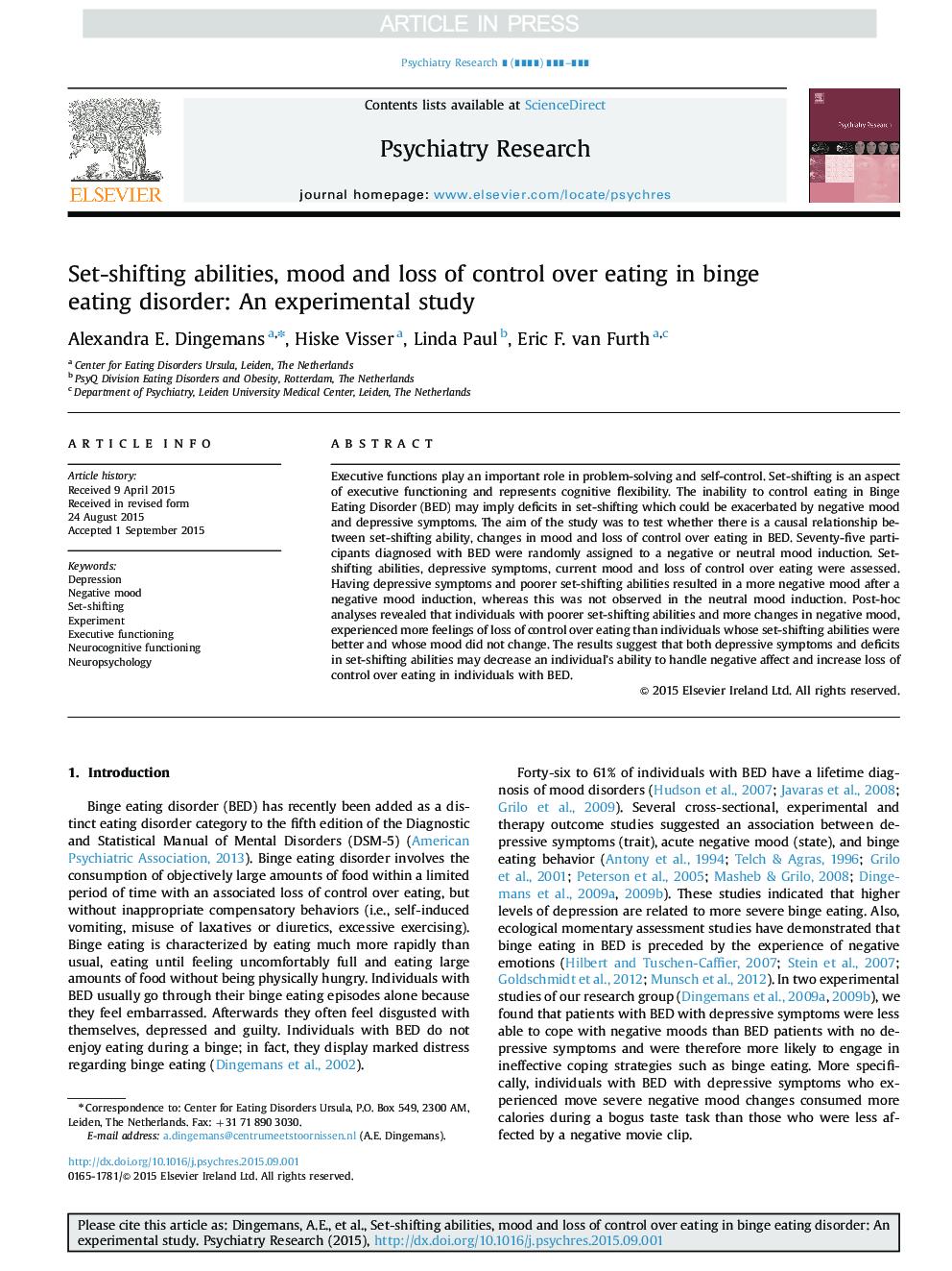 Set-shifting abilities, mood and loss of control over eating in binge eating disorder: An experimental study