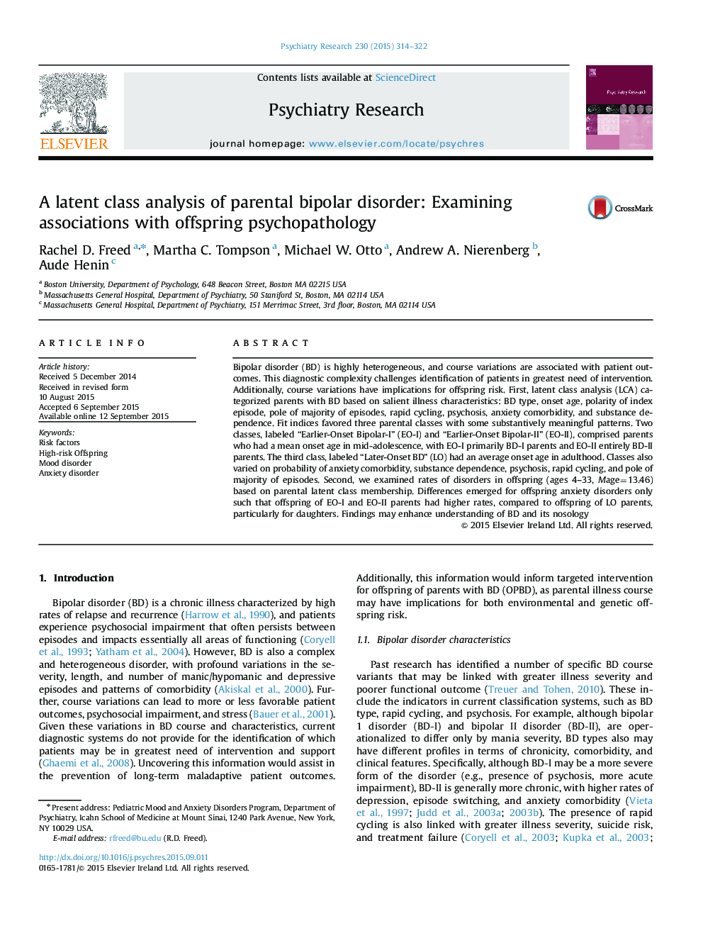 A latent class analysis of parental bipolar disorder: Examining associations with offspring psychopathology