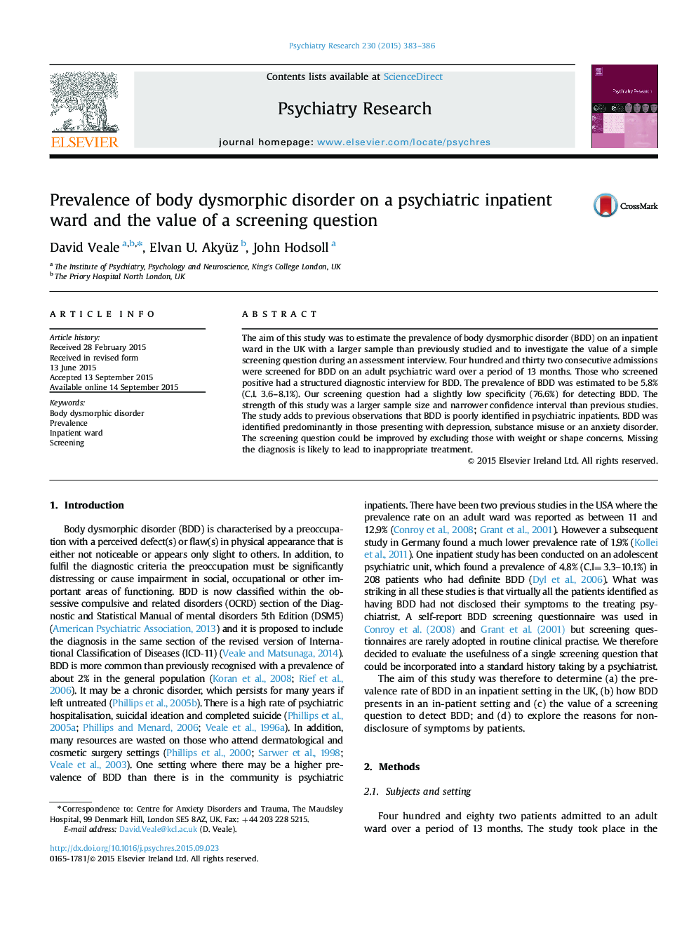 Prevalence of body dysmorphic disorder on a psychiatric inpatient ward and the value of a screening question