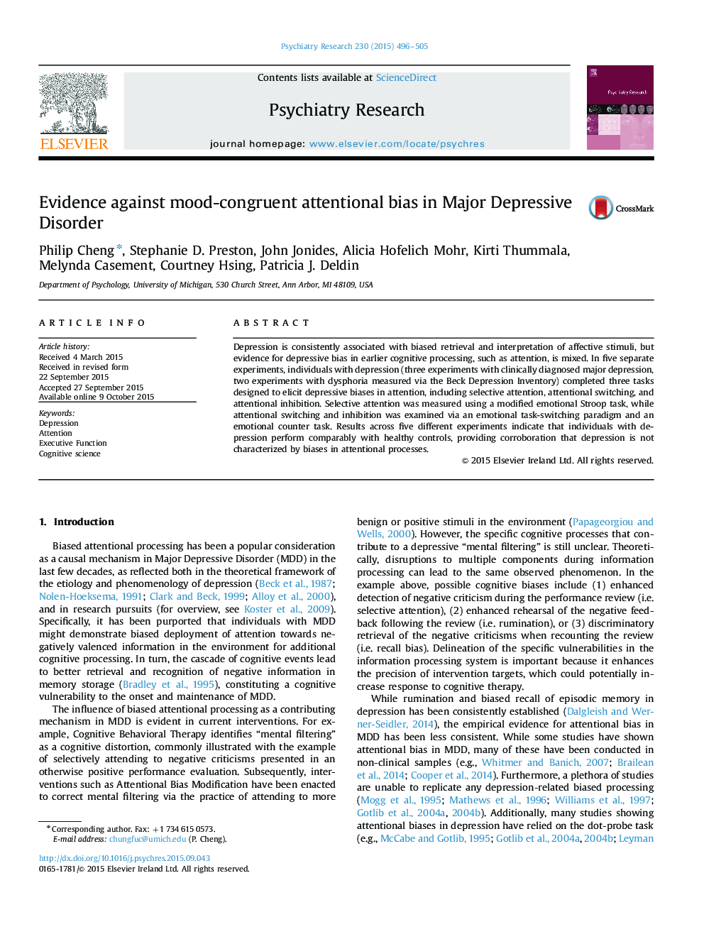 Evidence against mood-congruent attentional bias in Major Depressive Disorder