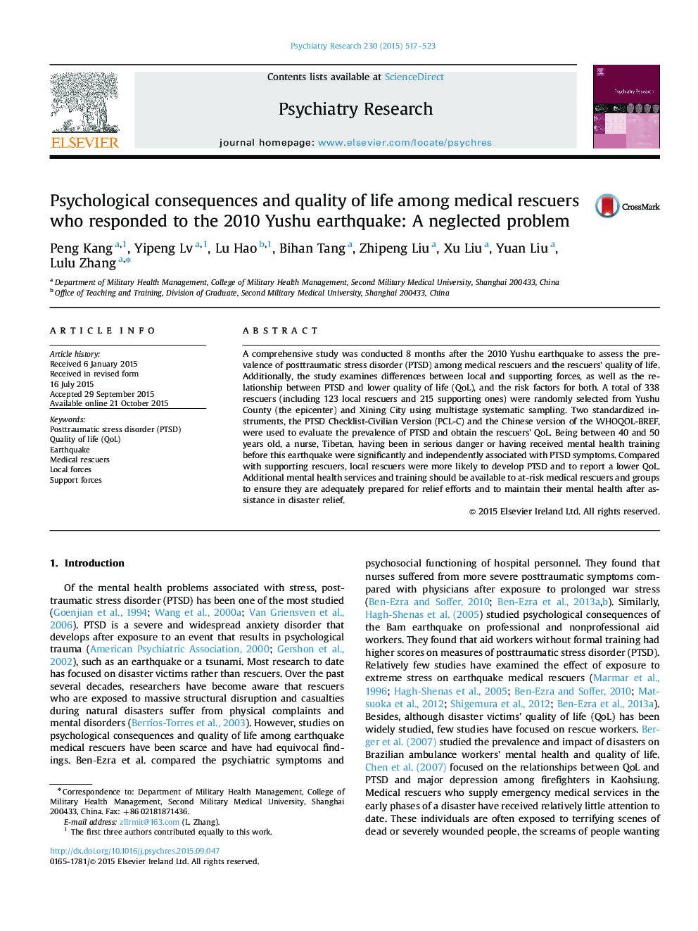 Psychological consequences and quality of life among medical rescuers who responded to the 2010 Yushu earthquake: A neglected problem