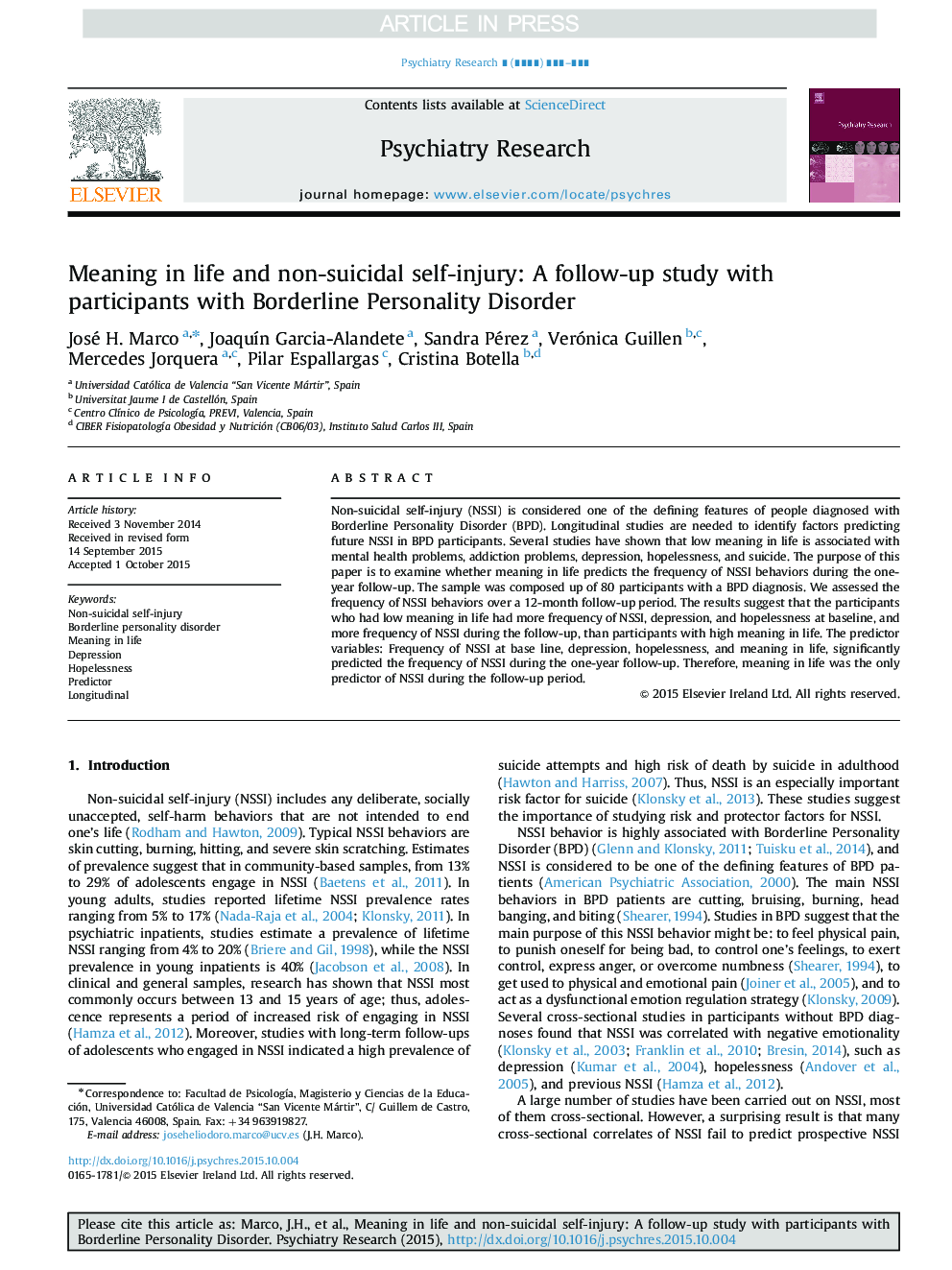 Meaning in life and non-suicidal self-injury: A follow-up study with participants with Borderline Personality Disorder