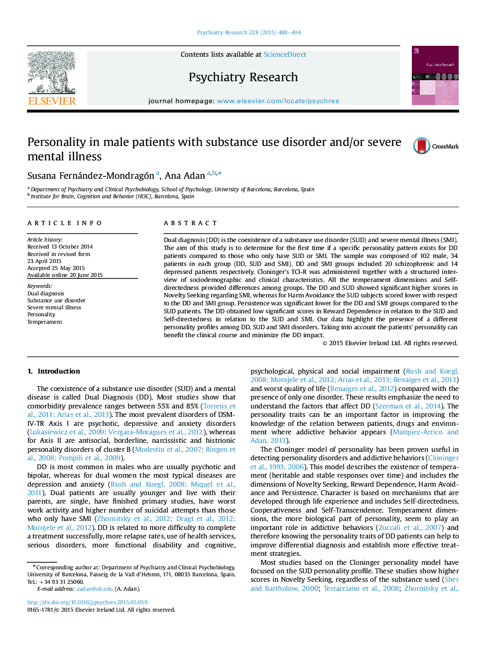 Personality in male patients with substance use disorder and/or severe mental illness