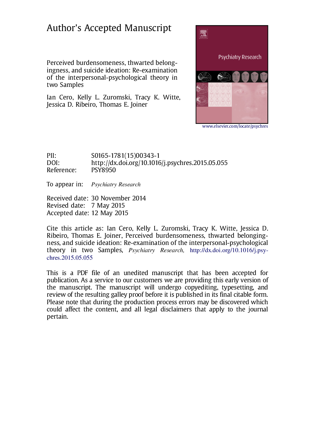 Perceived burdensomeness, thwarted belongingness, and suicide ideation: Re-examination of the Interpersonal-Psychological Theory in two samples