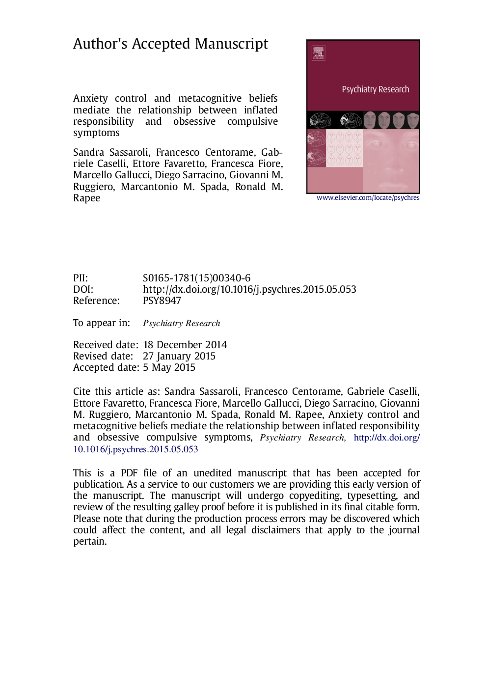 Anxiety control and metacognitive beliefs mediate the relationship between inflated responsibility and obsessive compulsive symptoms