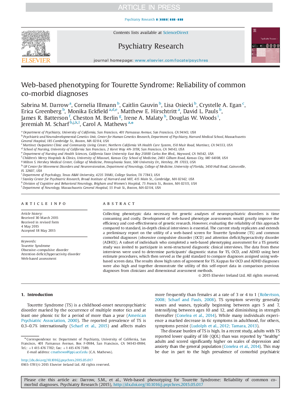 Web-based phenotyping for Tourette Syndrome: Reliability of common co-morbid diagnoses