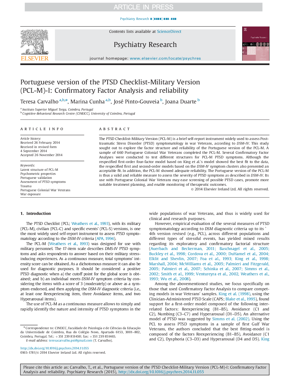 Portuguese version of the PTSD Checklist-Military Version (PCL-M)-I: Confirmatory Factor Analysis and reliability