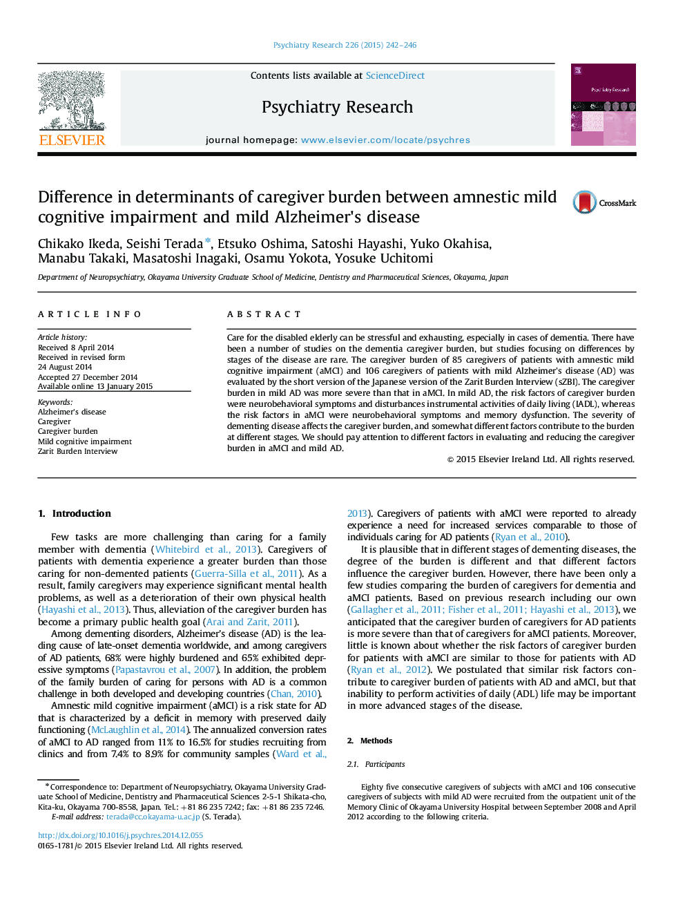 Difference in determinants of caregiver burden between amnestic mild cognitive impairment and mild Alzheimer×³s disease