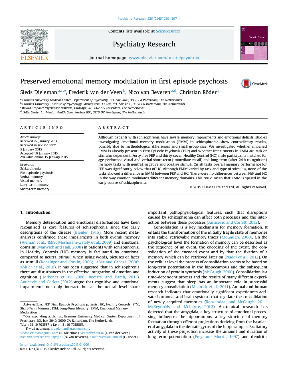 Preserved emotional memory modulation in first episode psychosis