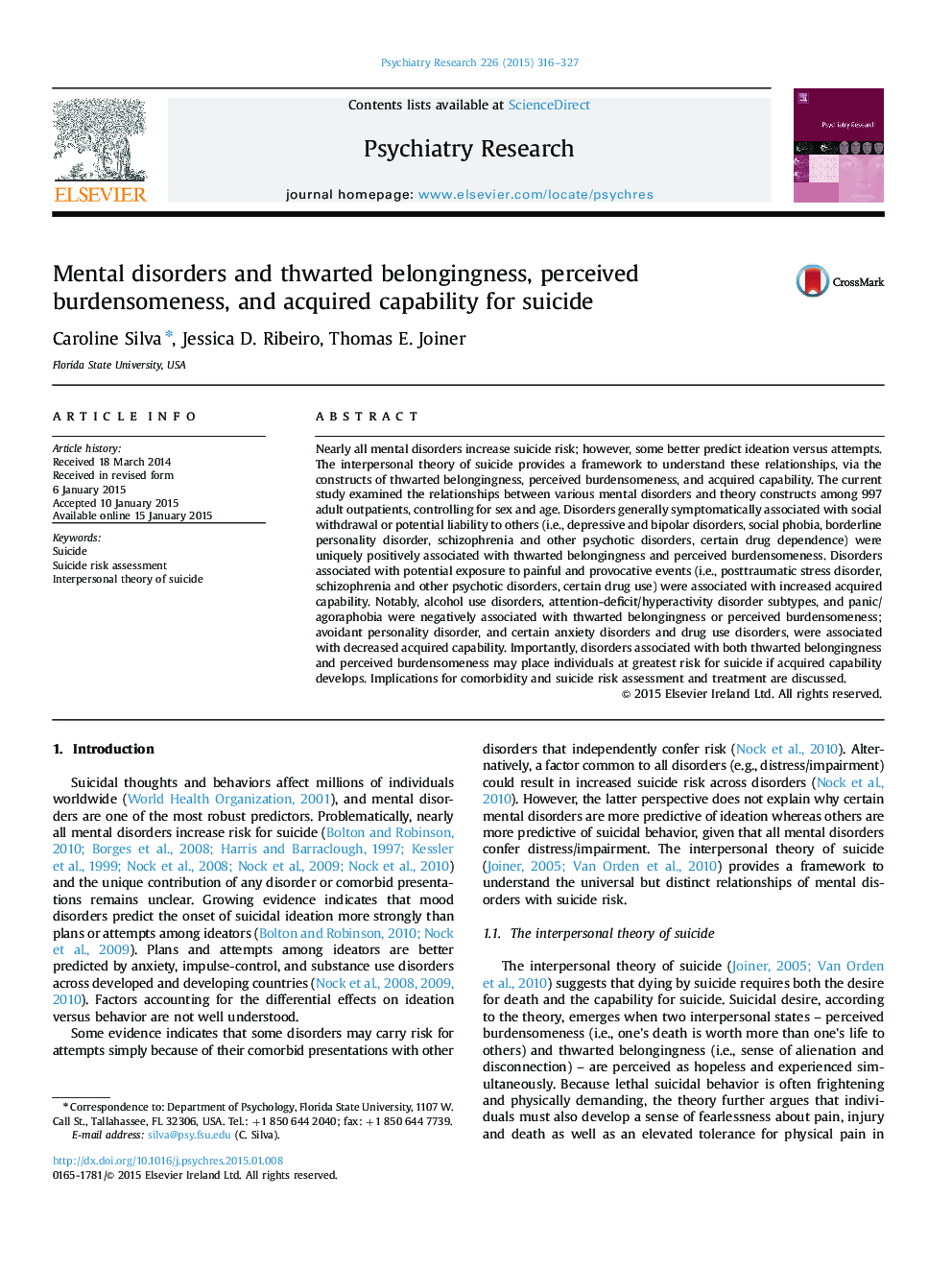 Mental disorders and thwarted belongingness, perceived burdensomeness, and acquired capability for suicide