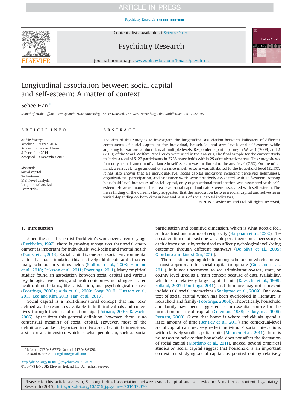 Longitudinal association between social capital and self-esteem: A matter of context