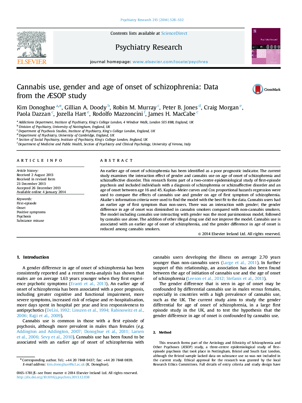 Cannabis use, gender and age of onset of schizophrenia: Data from the ÃSOP study