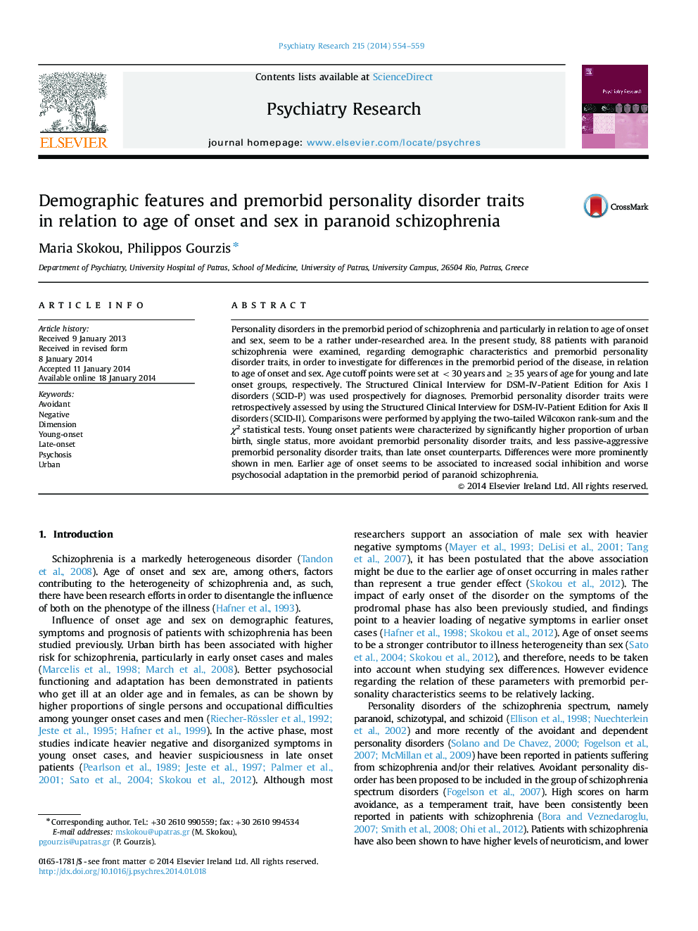 Demographic features and premorbid personality disorder traits in relation to age of onset and sex in paranoid schizophrenia