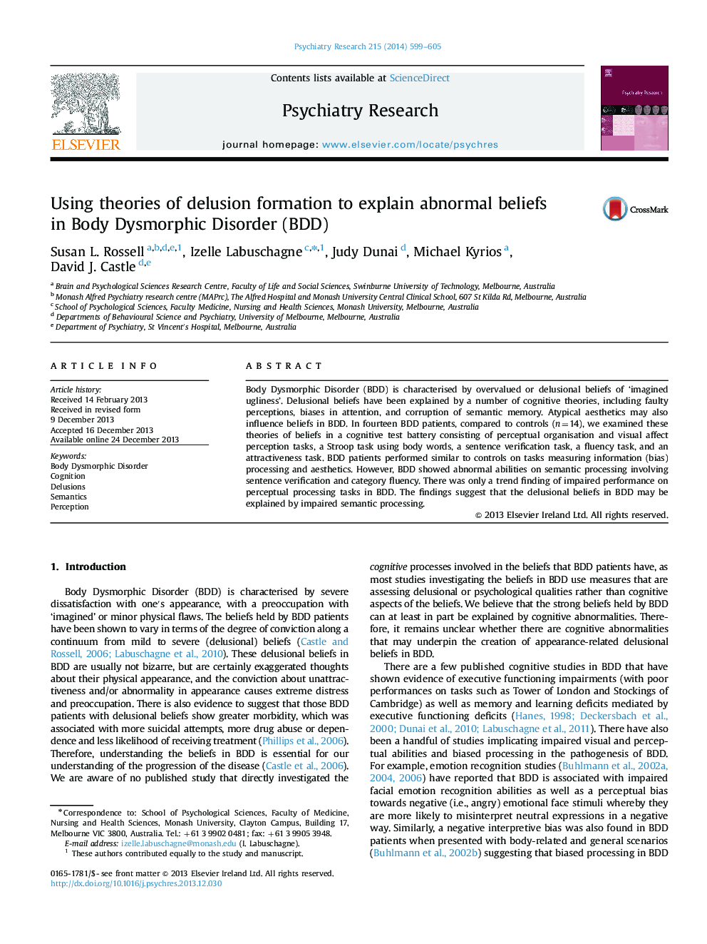 Using theories of delusion formation to explain abnormal beliefs in Body Dysmorphic Disorder (BDD)