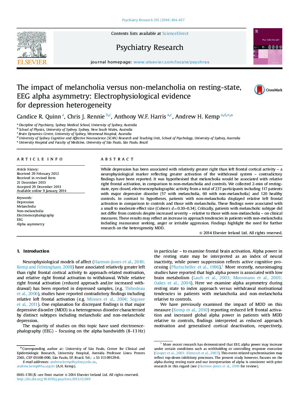 عکس صفحه اول مقاله: The impact of melancholia versus non-melancholia on resting-state, EEG alpha asymmetry: Electrophysiological evidence for depression heterogeneity The impact of melancholia versus non-melancholia on resting-state, EEG alpha asymmetry: Electrophysiological evidence for depression heterogeneity