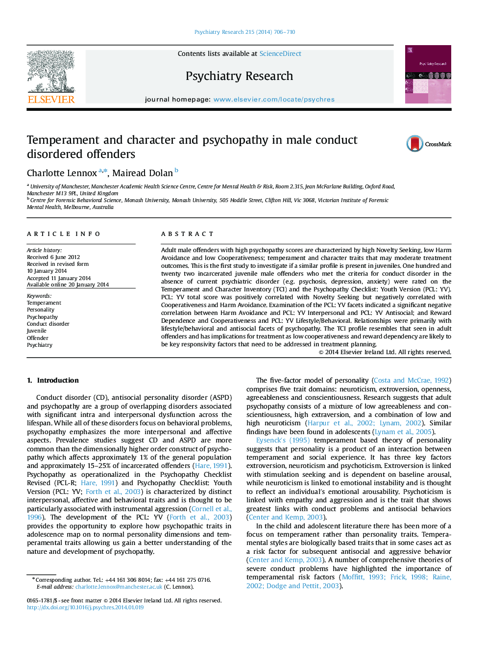 Temperament and character and psychopathy in male conduct disordered offenders