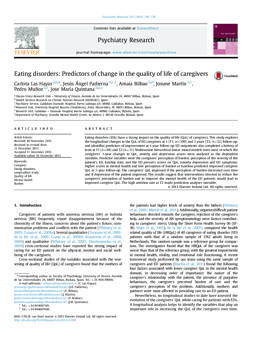 Eating disorders: Predictors of change in the quality of life of caregivers