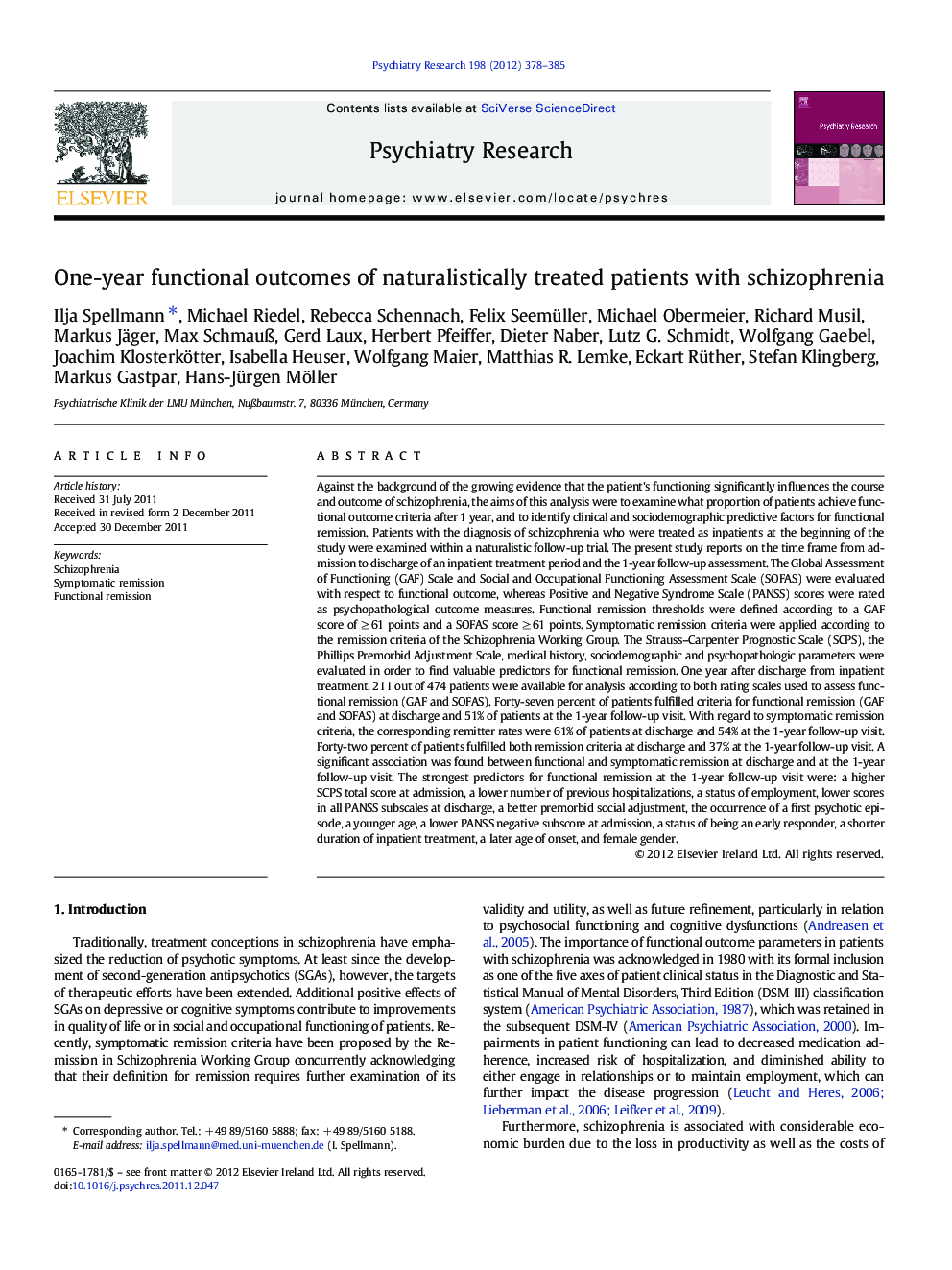 One-year functional outcomes of naturalistically treated patients with schizophrenia