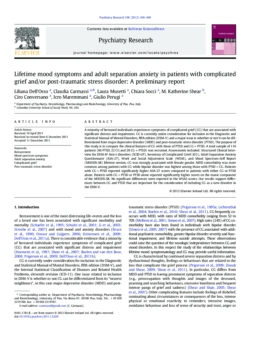 Lifetime mood symptoms and adult separation anxiety in patients with complicated grief and/or post-traumatic stress disorder: A preliminary report