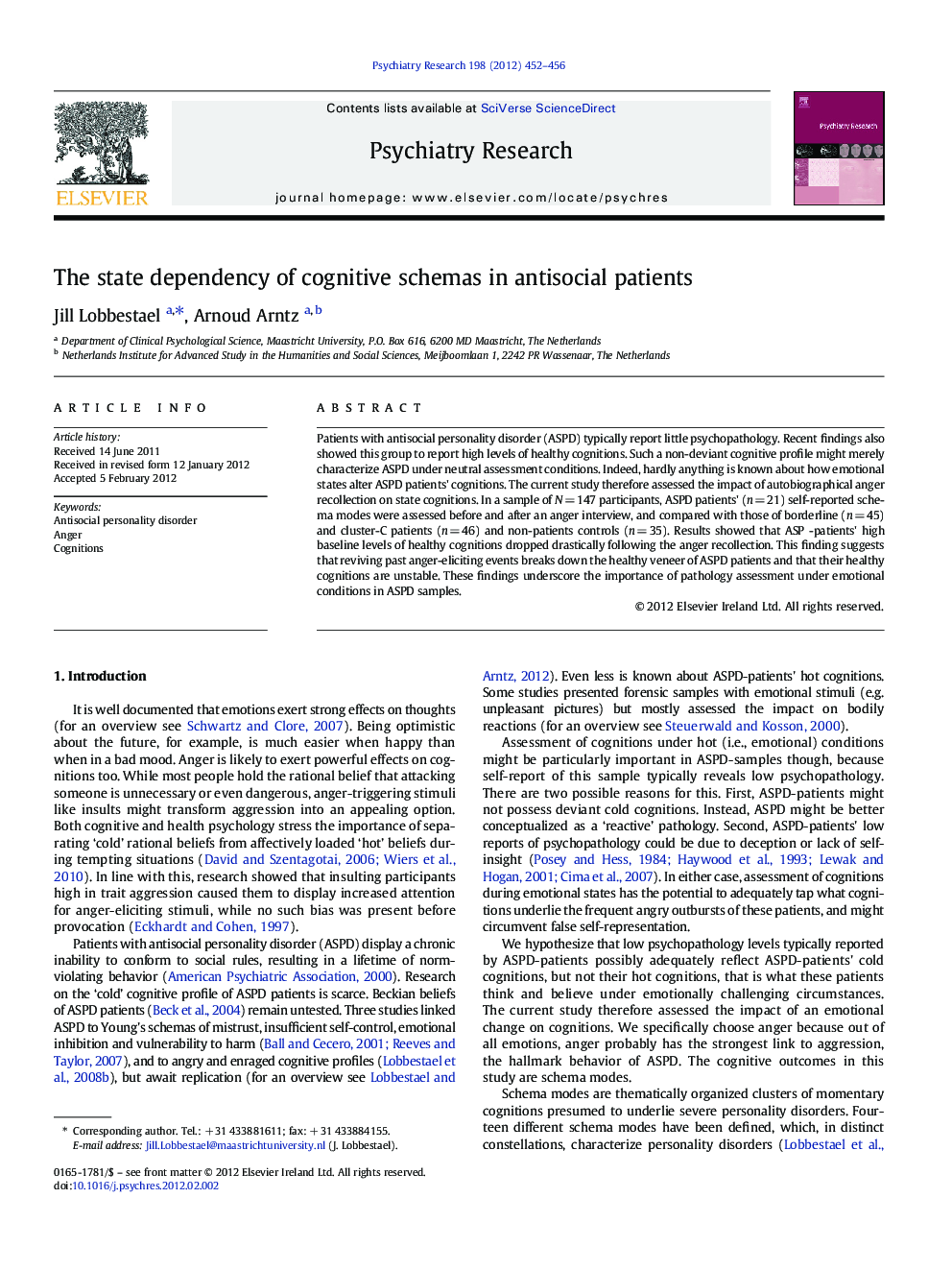 The state dependency of cognitive schemas in antisocial patients