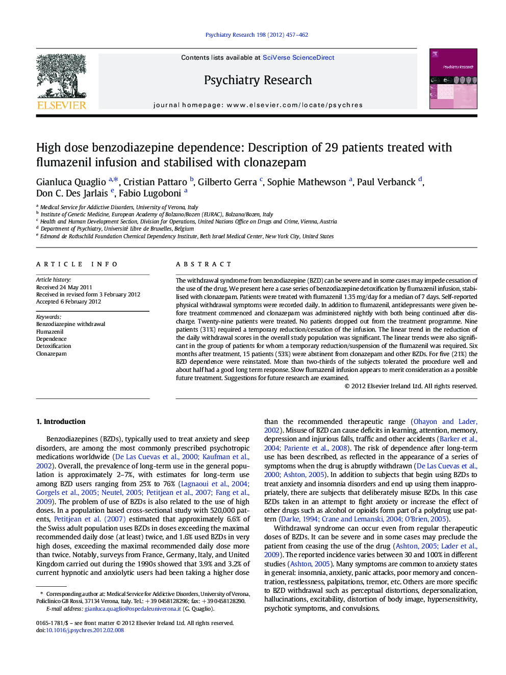 High dose benzodiazepine dependence: Description of 29 patients treated with flumazenil infusion and stabilised with clonazepam