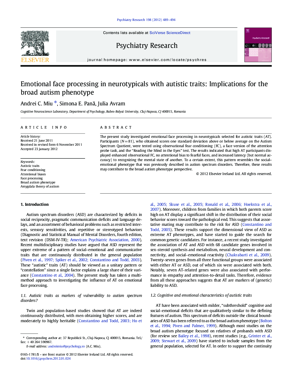 Emotional face processing in neurotypicals with autistic traits: Implications for the broad autism phenotype