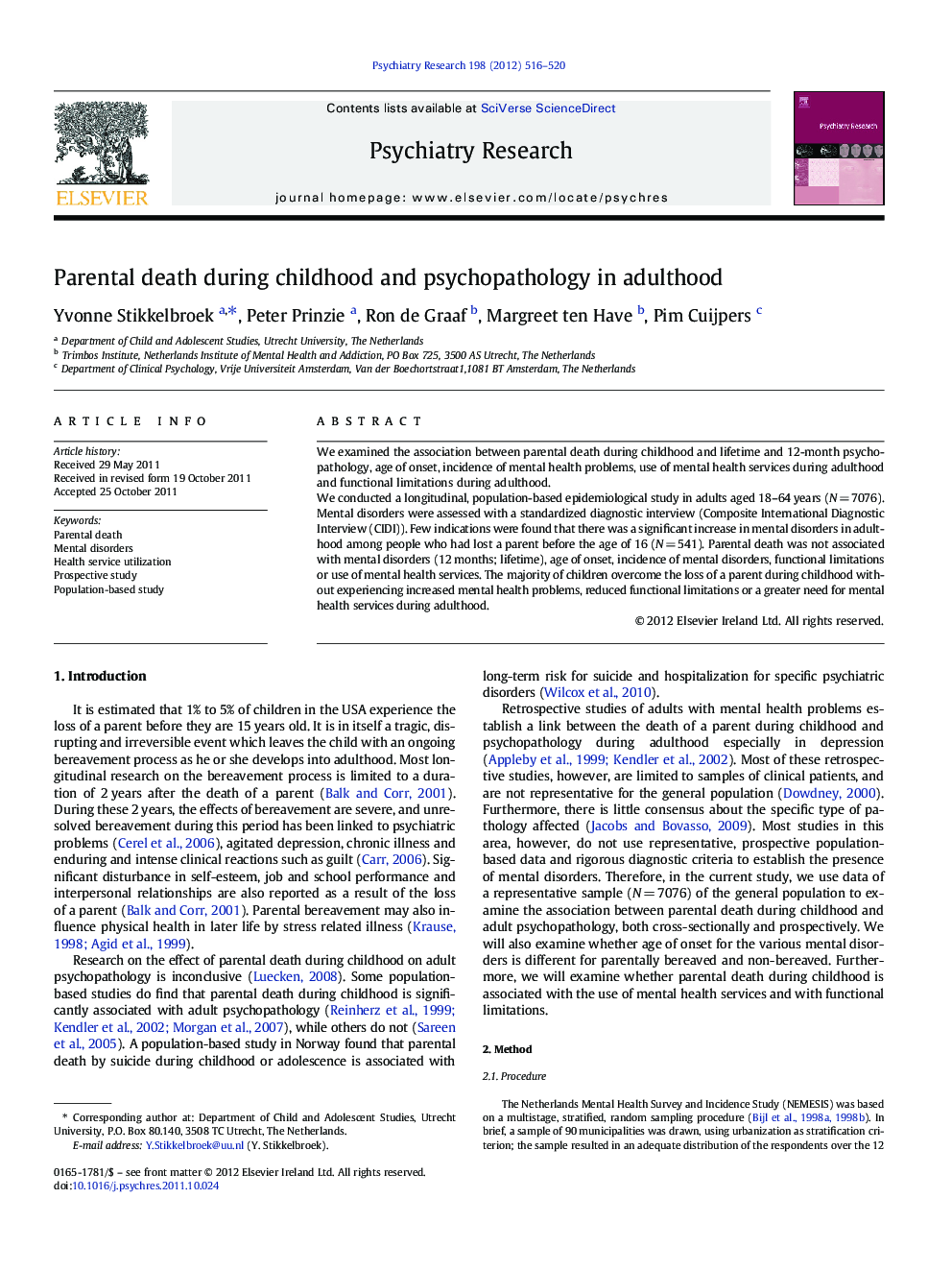 Parental death during childhood and psychopathology in adulthood