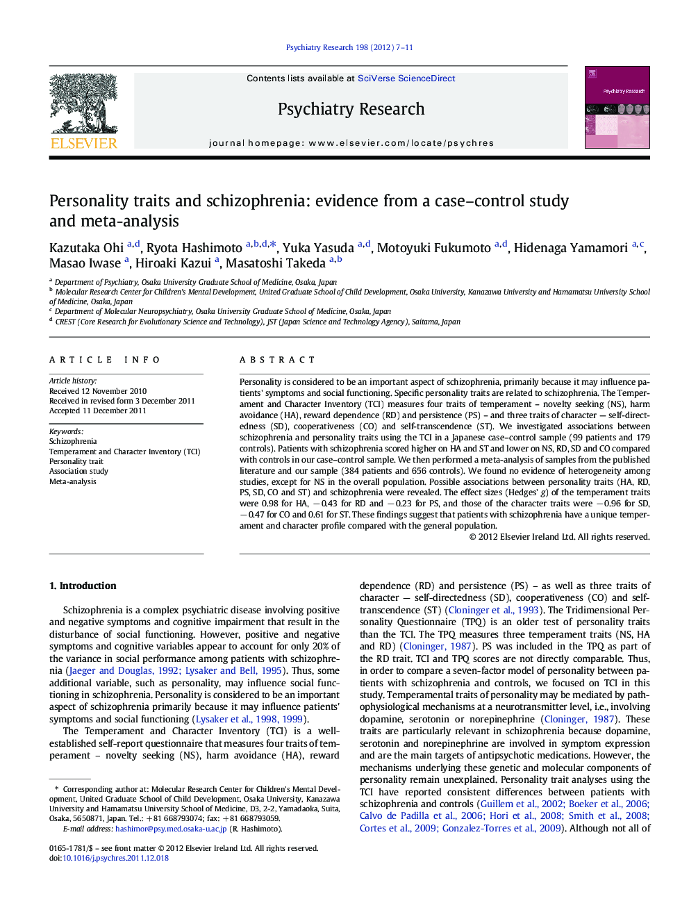 Personality traits and schizophrenia: evidence from a case-control study and meta-analysis