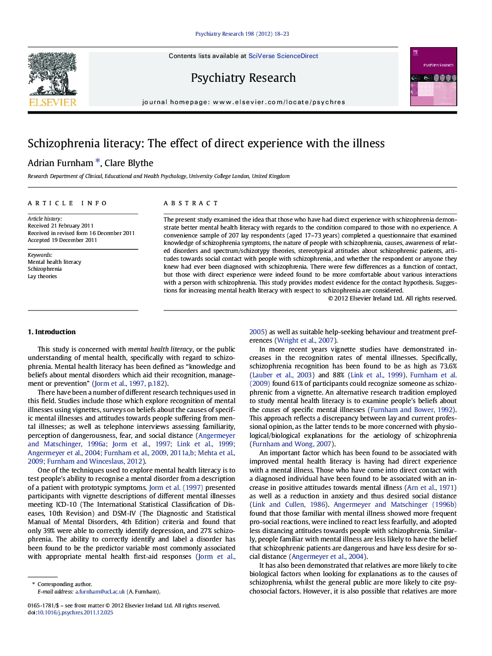 Schizophrenia literacy: The effect of direct experience with the illness