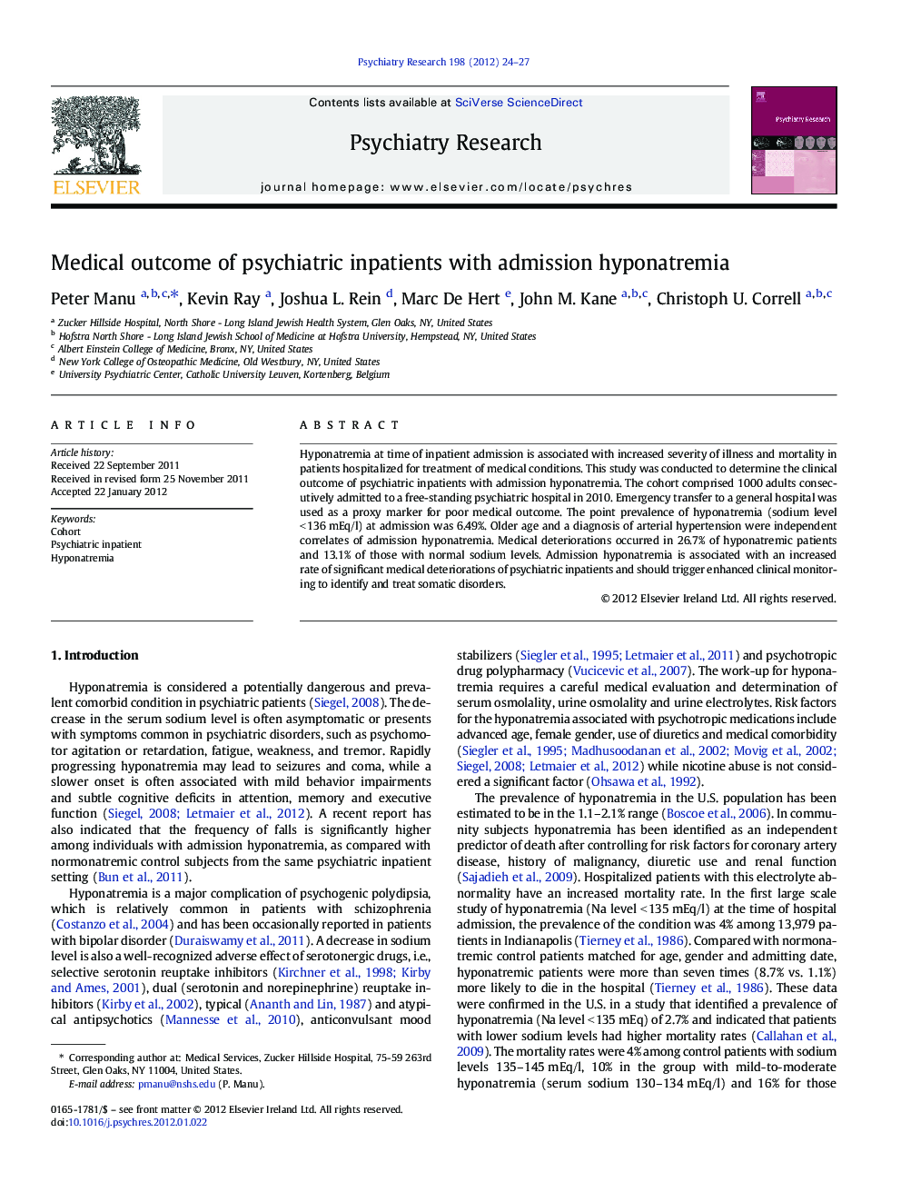 Medical outcome of psychiatric inpatients with admission hyponatremia