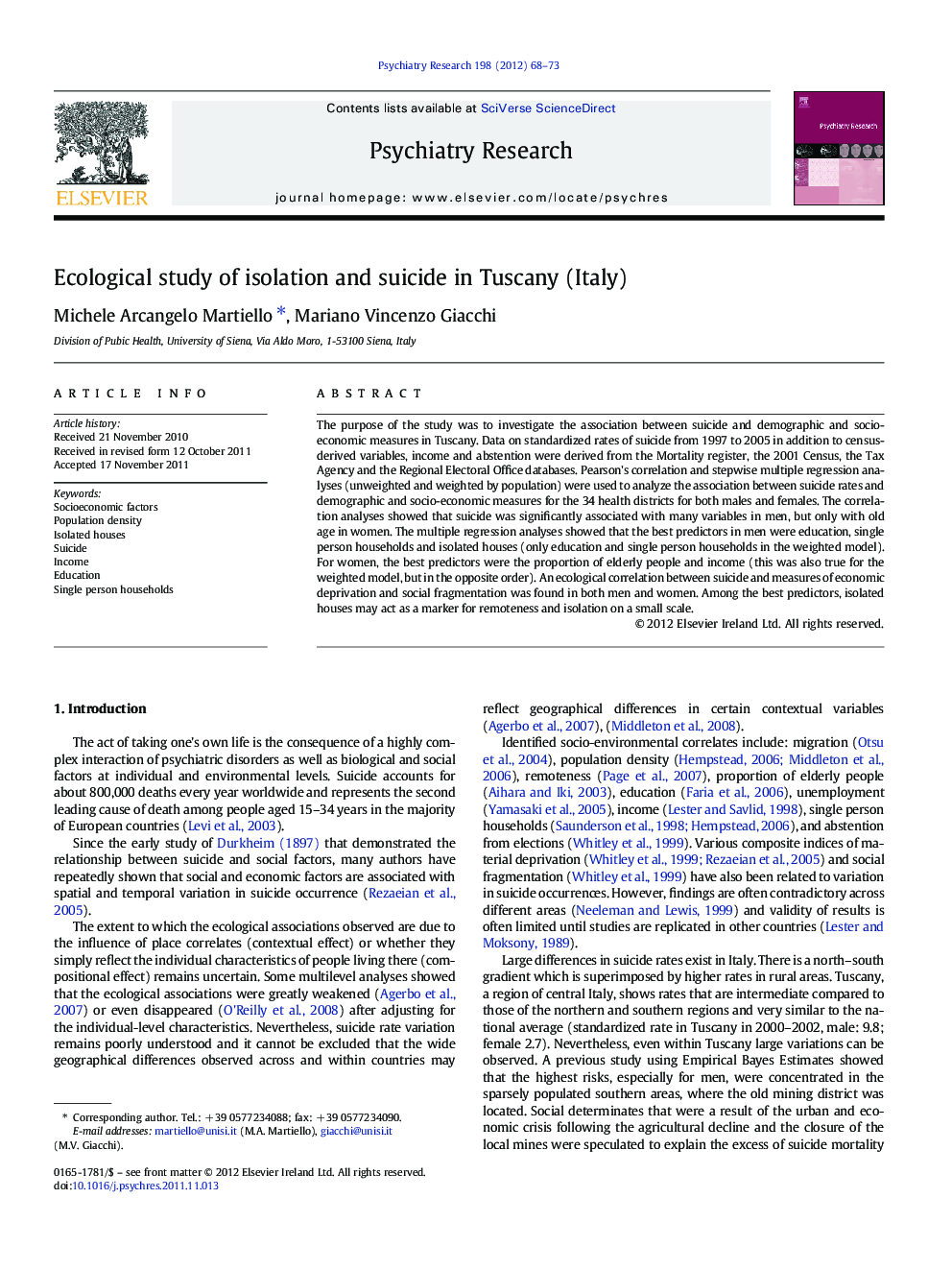 Ecological study of isolation and suicide in Tuscany (Italy)