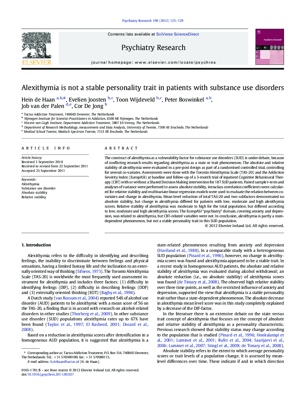 Alexithymia is not a stable personality trait in patients with substance use disorders