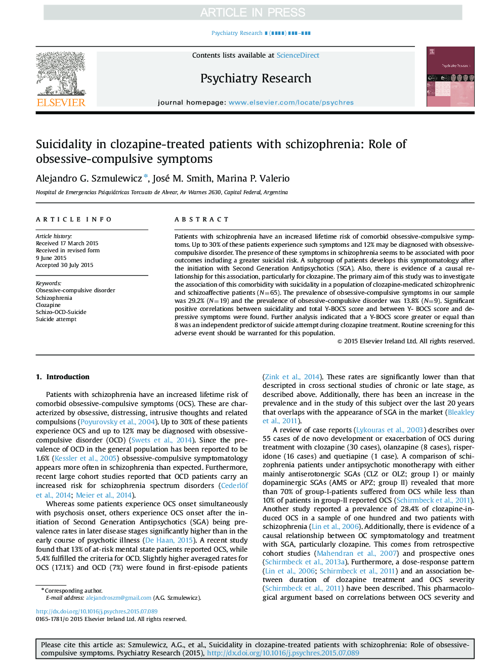 Suicidality in clozapine-treated patients with schizophrenia: Role of obsessive-compulsive symptoms