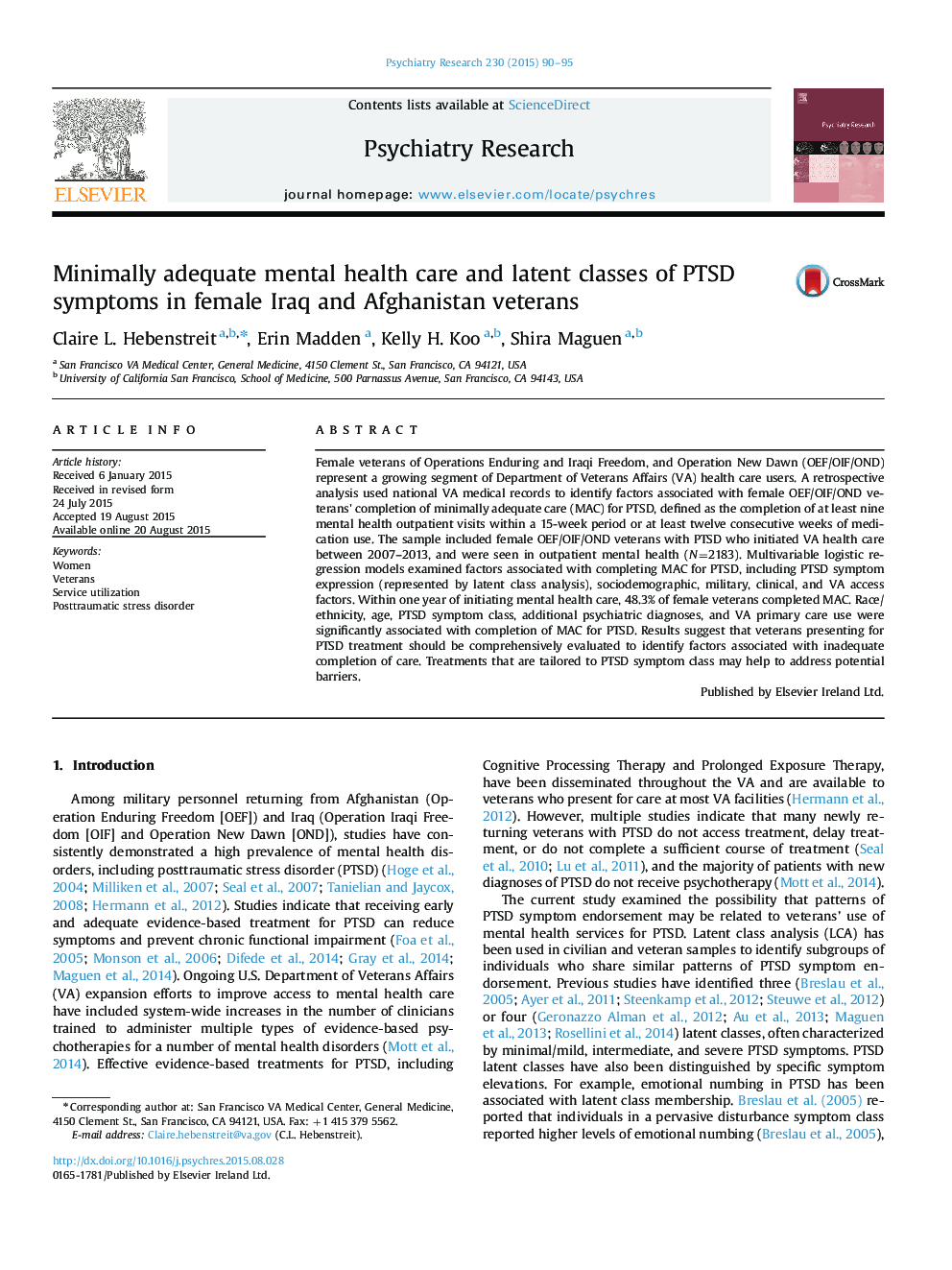 Minimally adequate mental health care and latent classes of PTSD symptoms in female Iraq and Afghanistan veterans