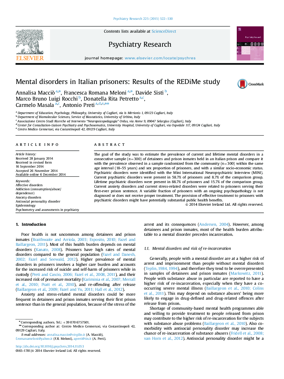 Mental disorders in Italian prisoners: Results of the REDiMe study