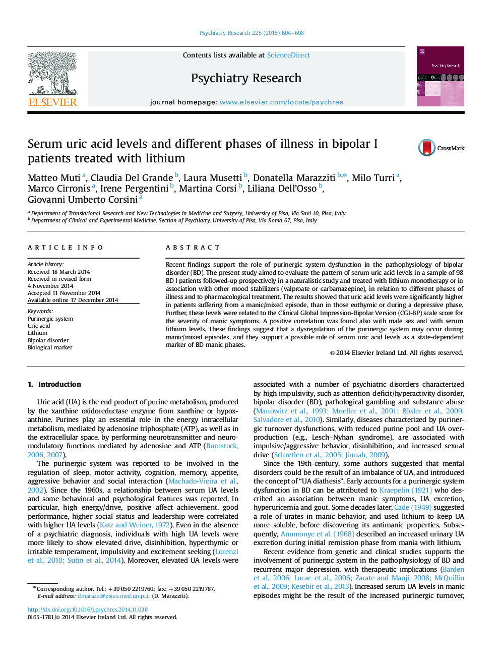 Serum uric acid levels and different phases of illness in bipolar I patients treated with lithium