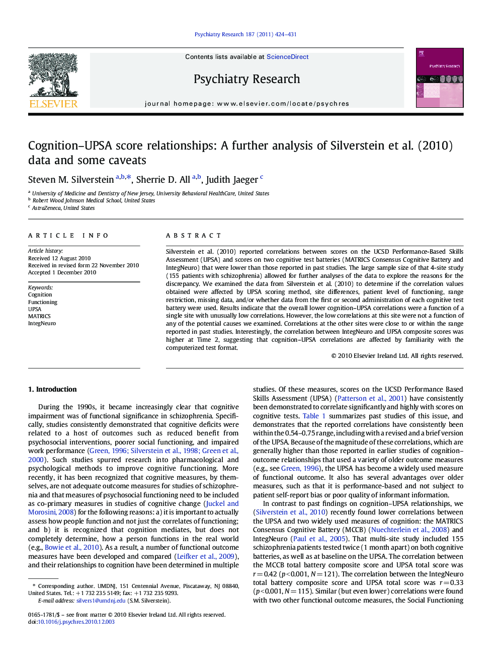 Cognition-UPSA score relationships: A further analysis of Silverstein et al. (2010) data and some caveats