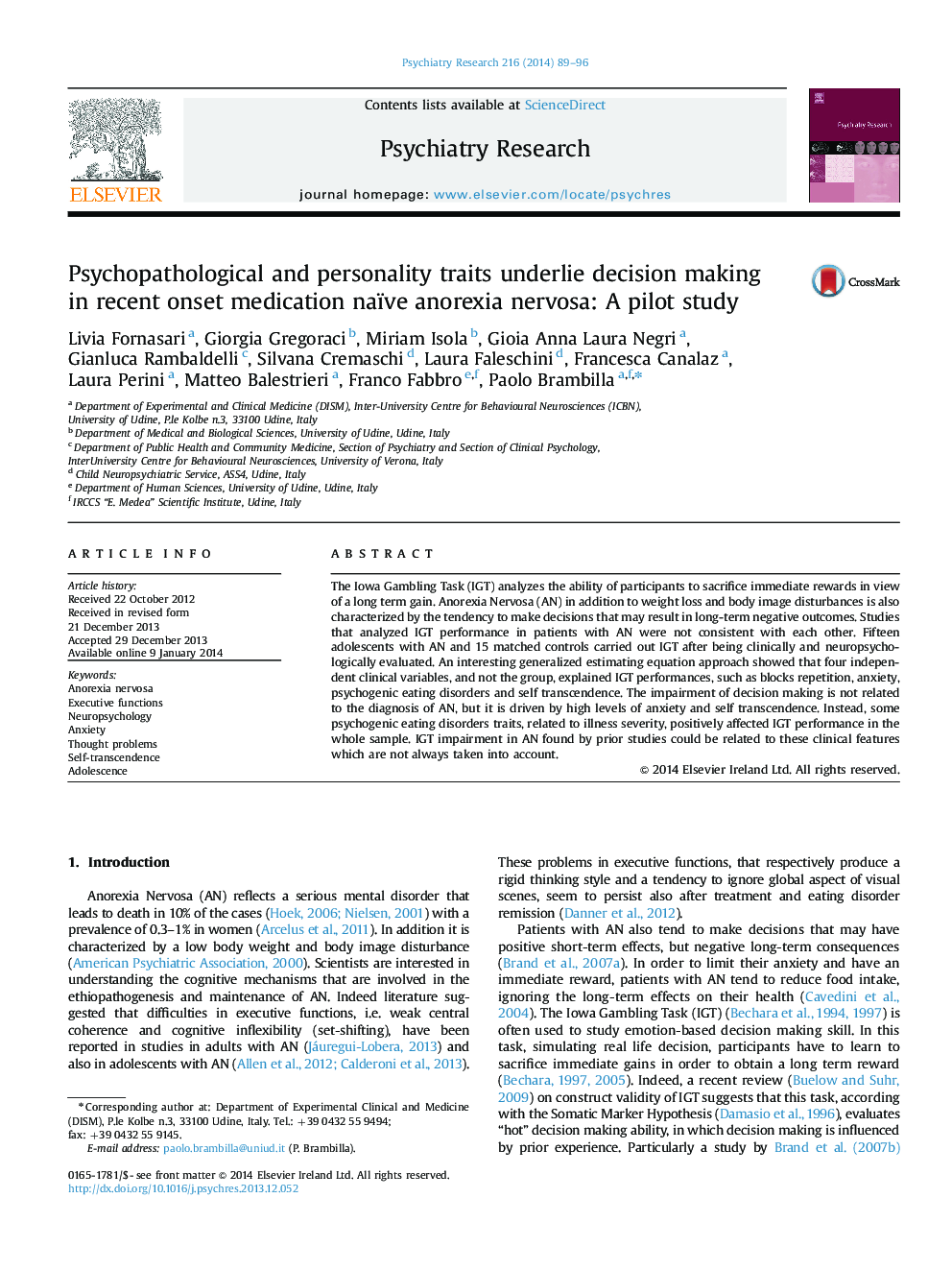 Psychopathological and personality traits underlie decision making in recent onset medication naïve anorexia nervosa: A pilot study