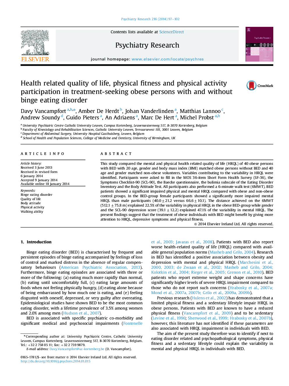 Health related quality of life, physical fitness and physical activity participation in treatment-seeking obese persons with and without binge eating disorder